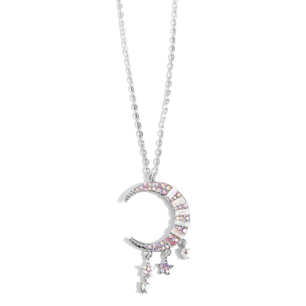 Elegant Silver and Pink Crescent Moon Necklace